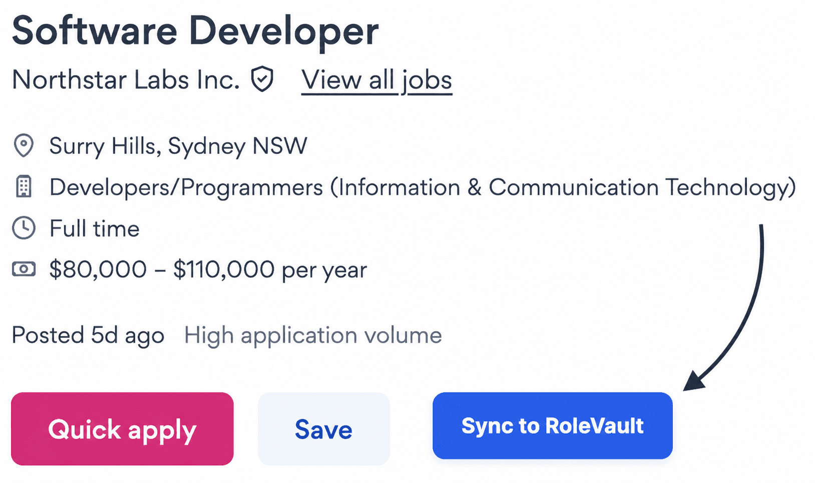 Illustrative job listing with an arrow pointing to the Sync to RoleVault button